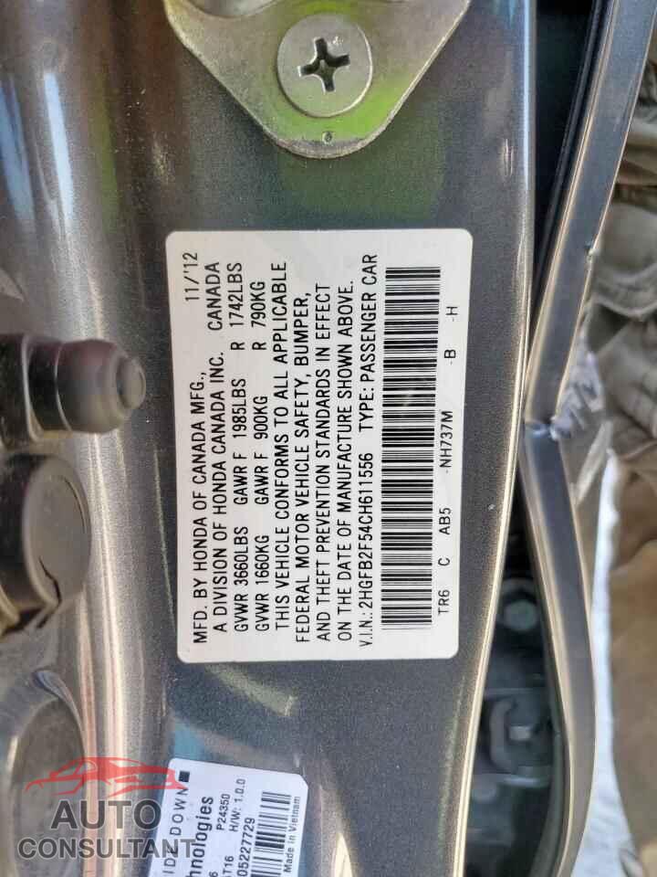 HONDA CIVIC 2012 - 2HGFB2F54CH611556