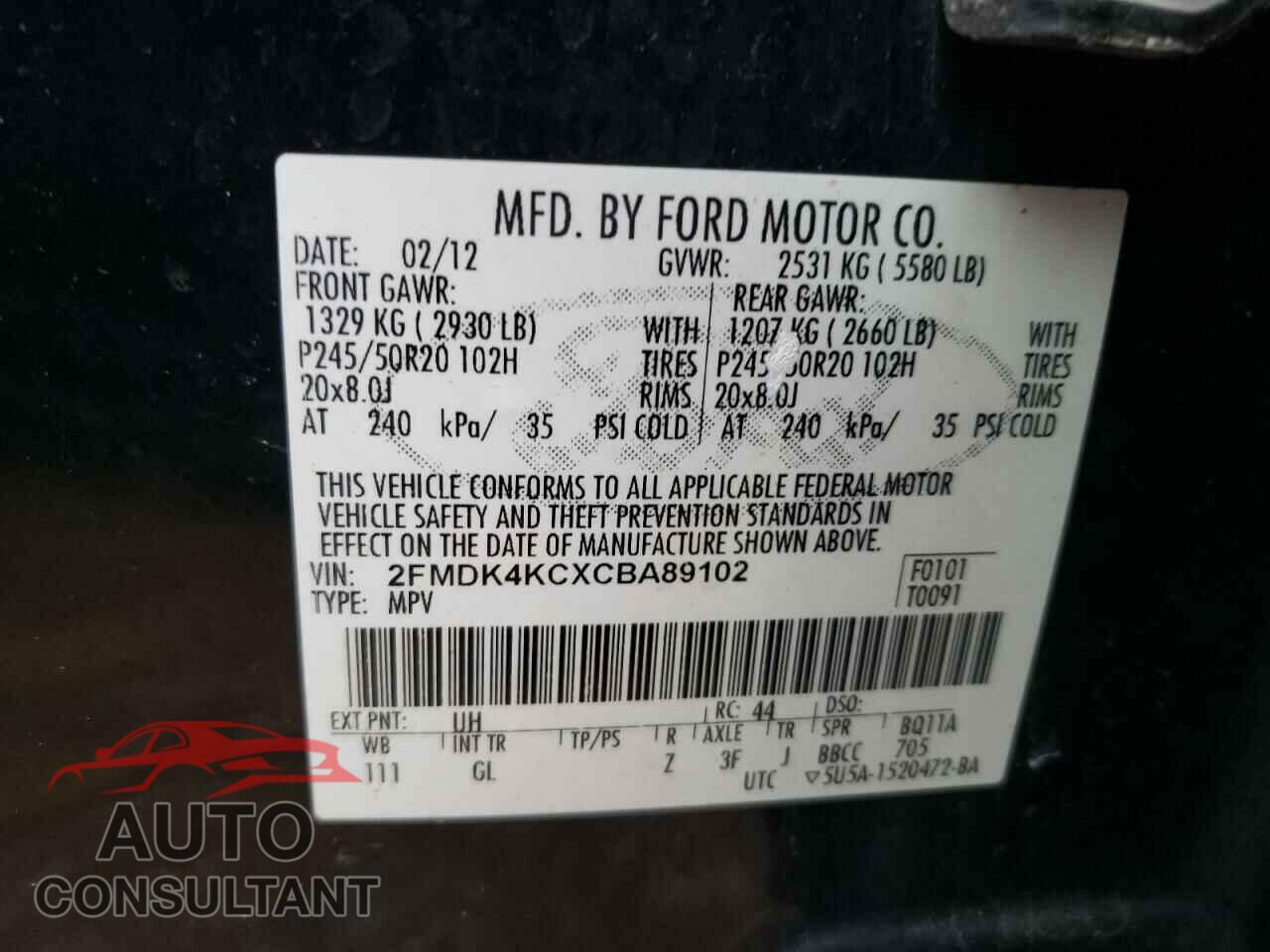 FORD EDGE 2012 - 2FMDK4KCXCBA89102