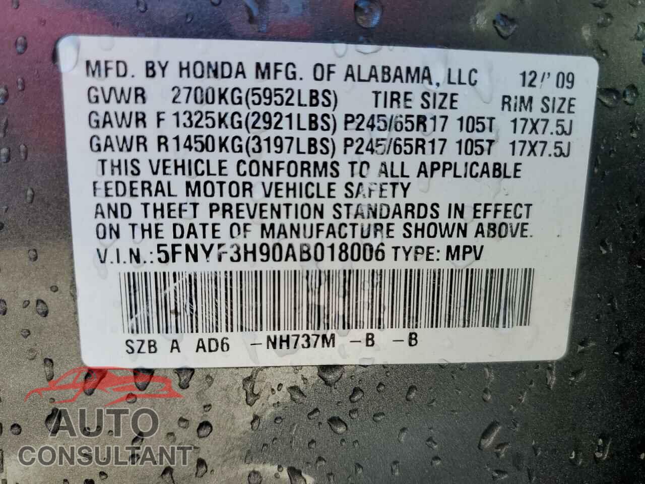 HONDA PILOT 2010 - 5FNYF3H90AB018006