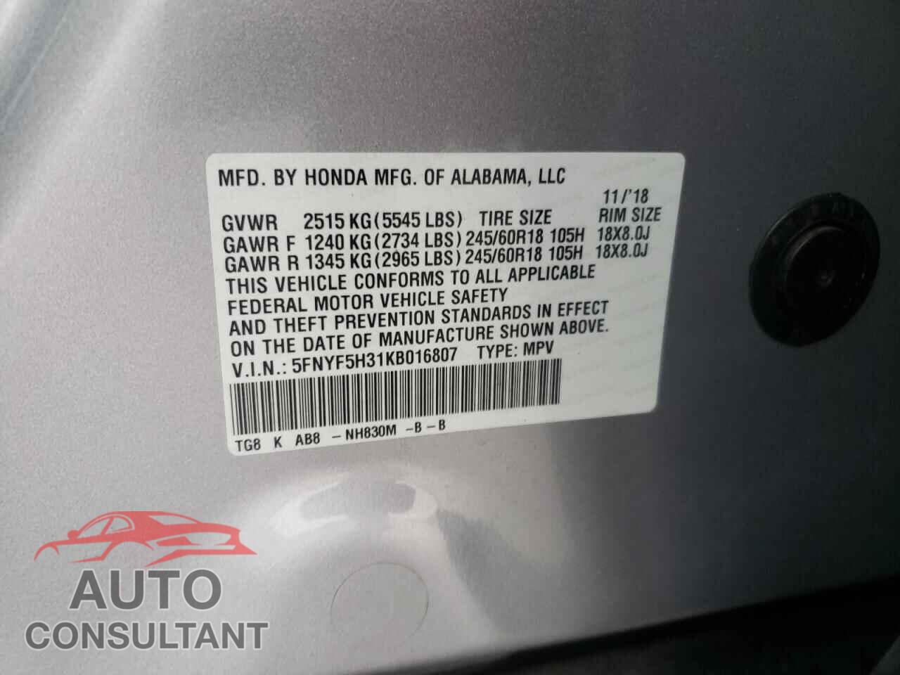 HONDA PILOT 2019 - 5FNYF5H31KB016807