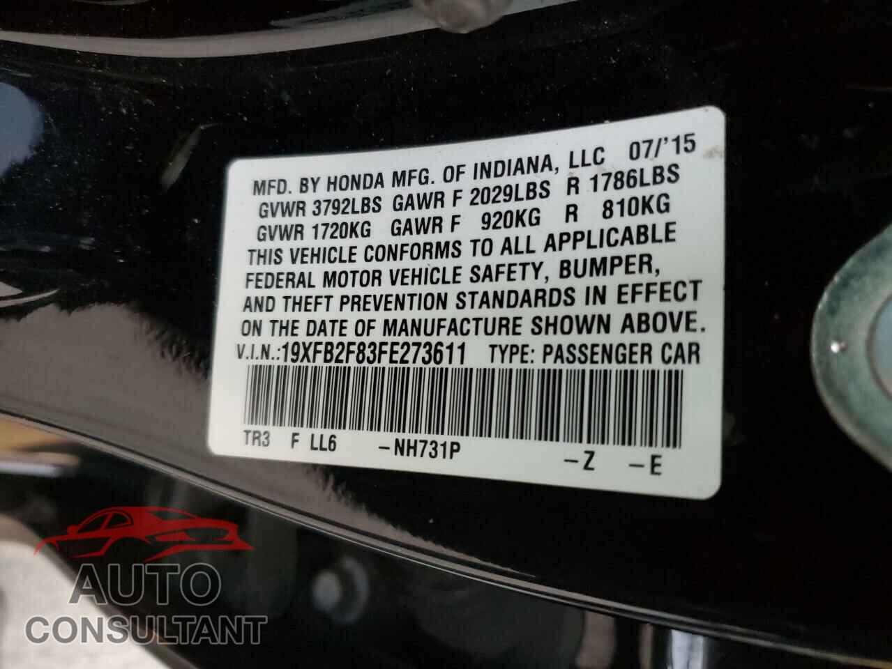 HONDA CIVIC 2015 - 19XFB2F83FE273611