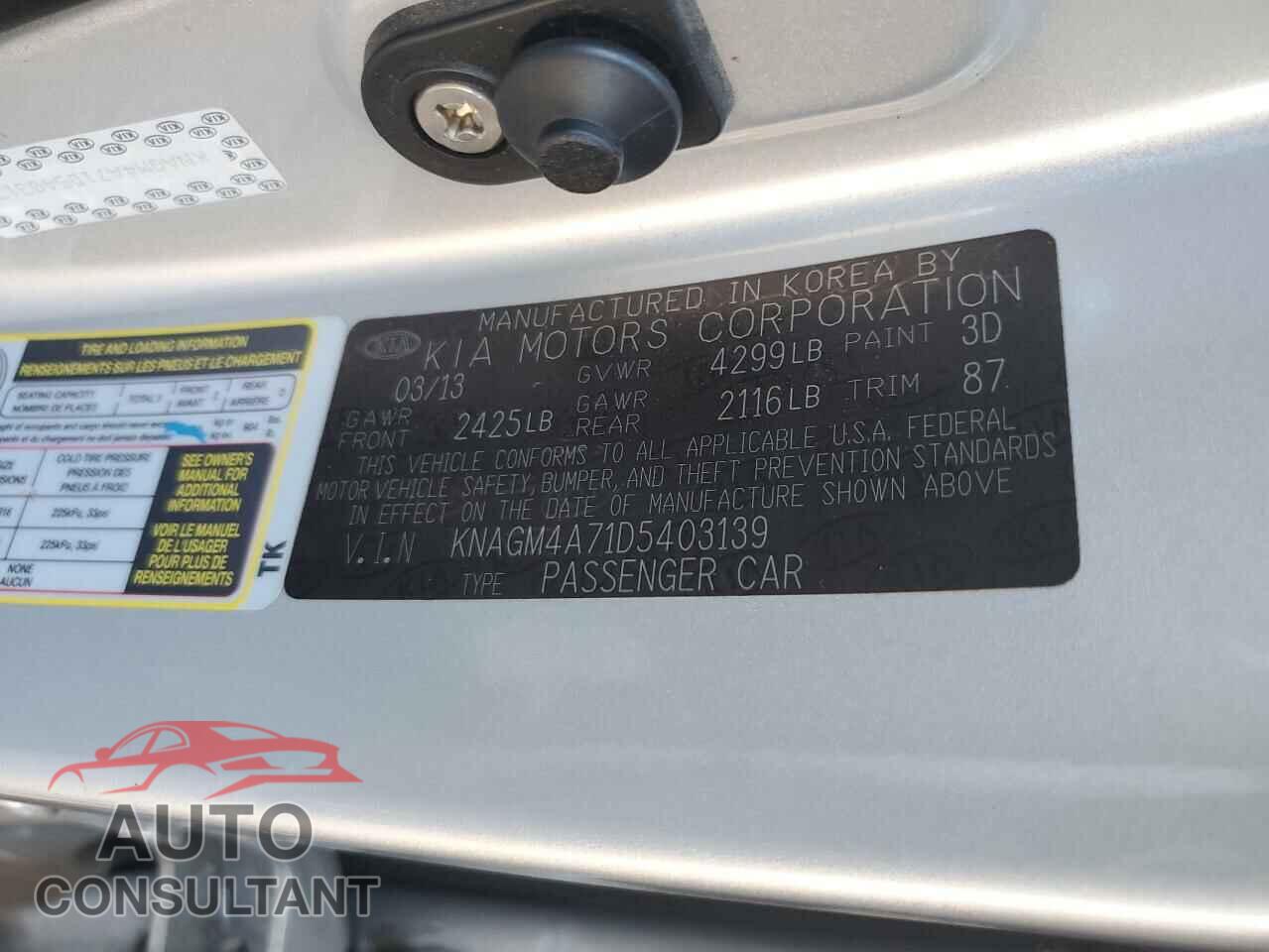 KIA OPTIMA 2013 - KNAGM4A71D5403139