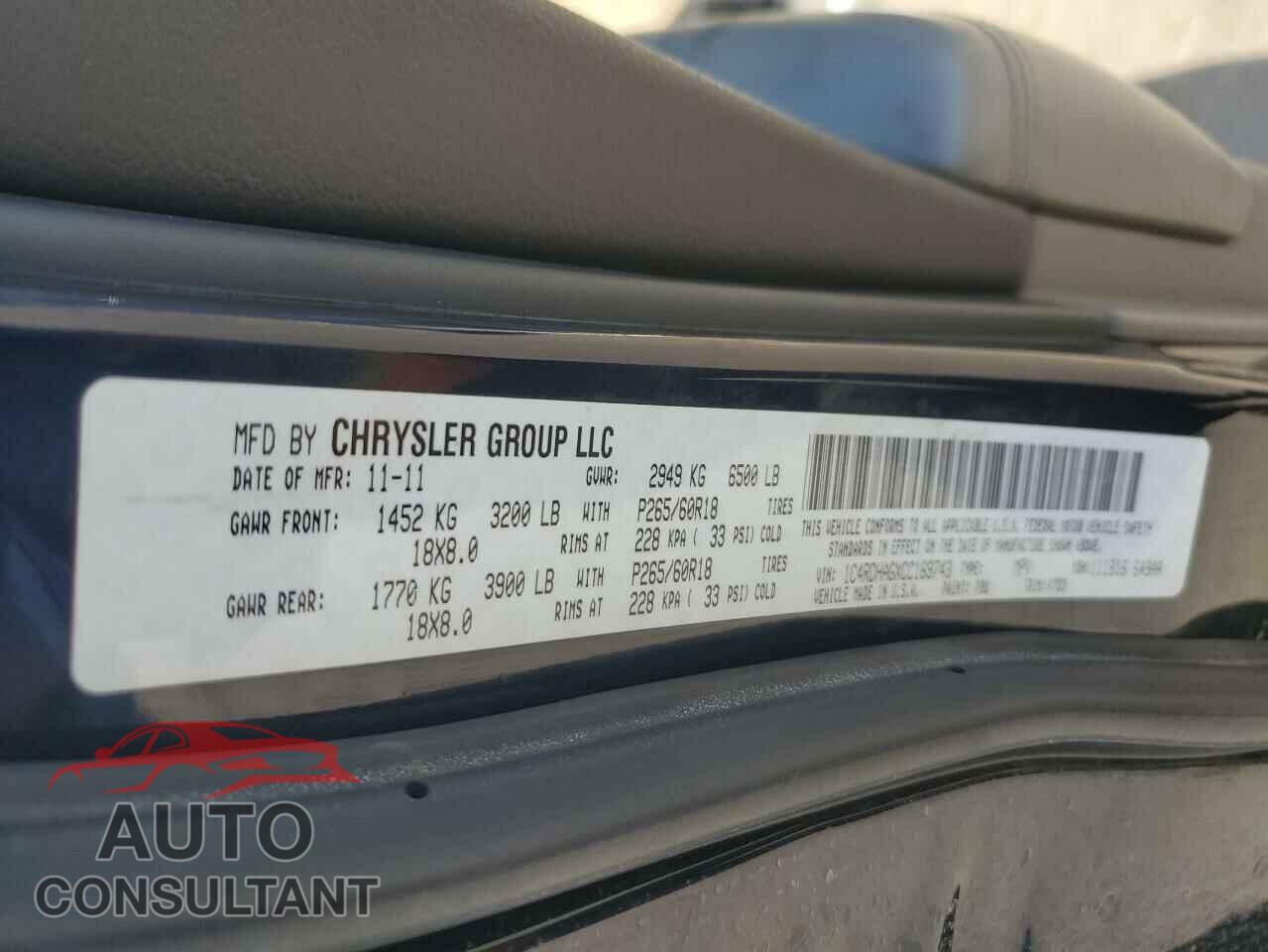 DODGE DURANGO 2012 - 1C4RDHAGXCC169743