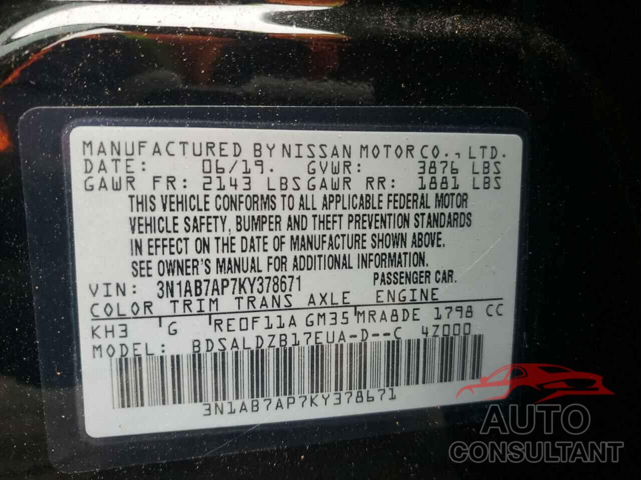 NISSAN SENTRA 2019 - 3N1AB7AP7KY378671