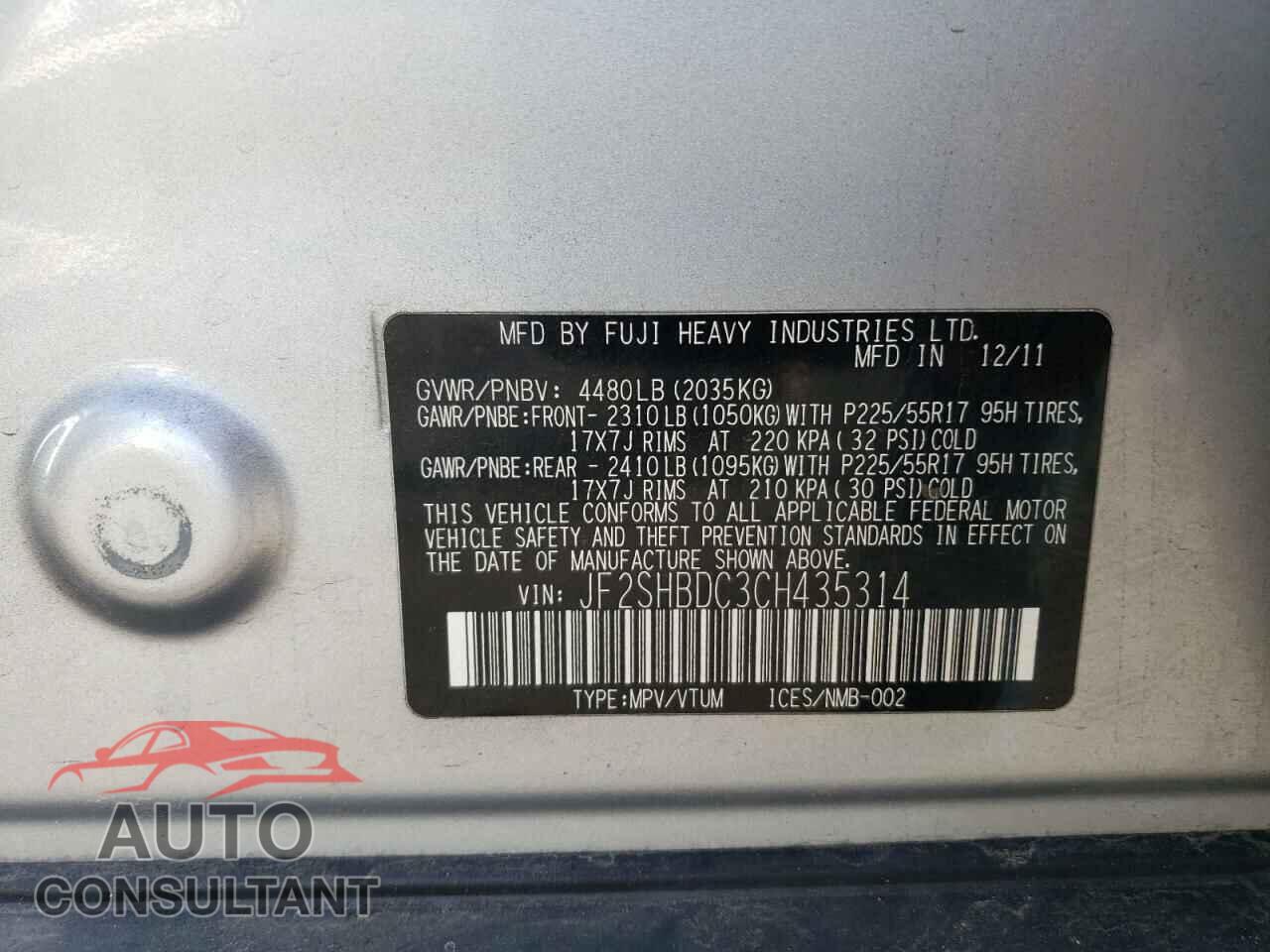 SUBARU FORESTER 2012 - JF2SHBDC3CH435314