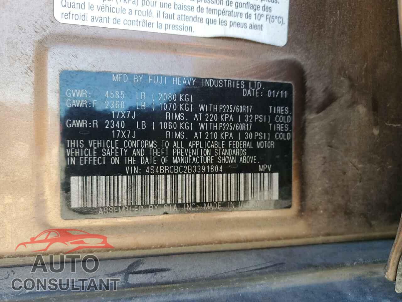 SUBARU OUTBACK 2011 - 4S4BRCBC2B3391804