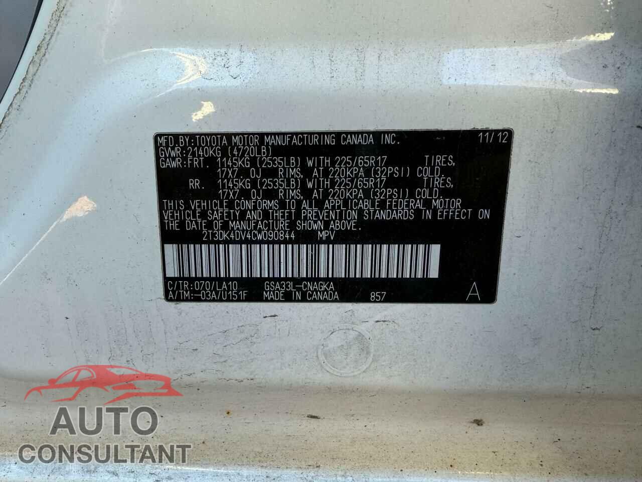 TOYOTA RAV4 2012 - 2T3DK4DV4CW090844