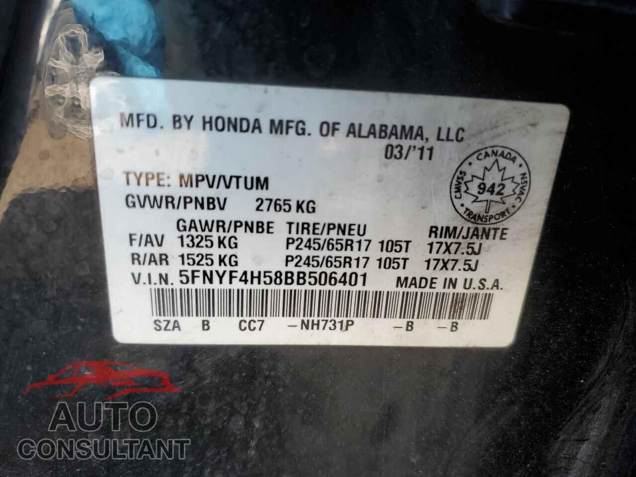 HONDA PILOT 2011 - 5FNYF4H58BB506401