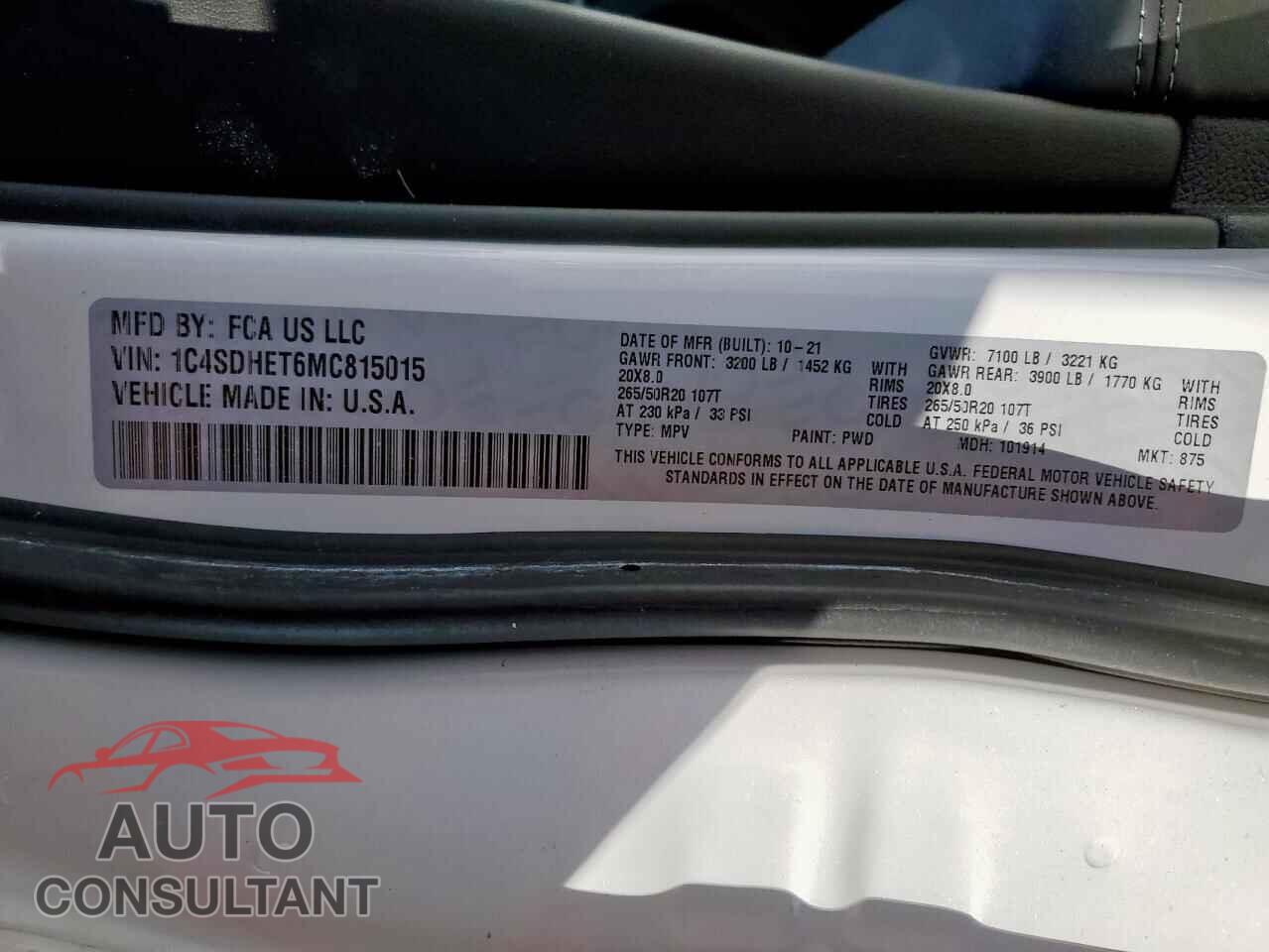 DODGE DURANGO 2021 - 1C4SDHET6MC815015