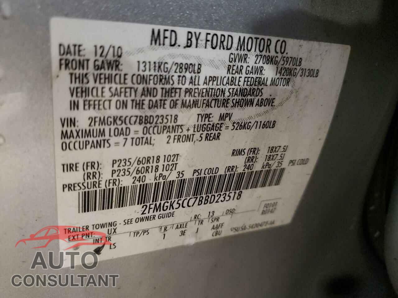 FORD FLEX 2011 - 2FMGK5CC7BBD23518