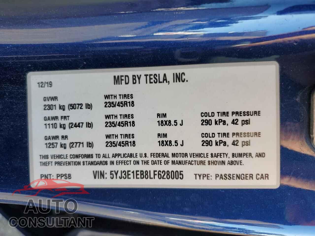 TESLA MODEL 3 2020 - 5YJ3E1EB8LF628005