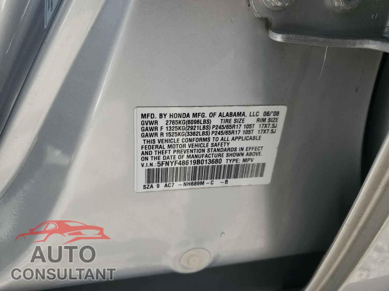 HONDA PILOT 2009 - 5FNYF48619B013680