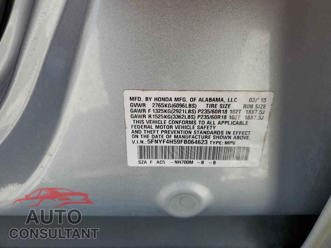HONDA PILOT 2015 - 5FNYF4H59FB064623