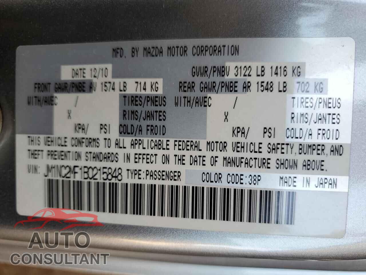 MAZDA MX5 2011 - JM1NC2MF1B0215848