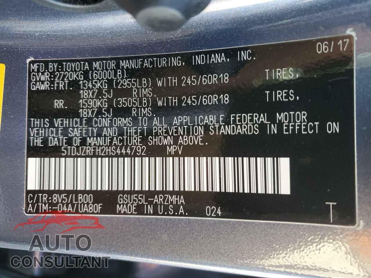 TOYOTA HIGHLANDER 2017 - 5TDJZRFH2HS444792