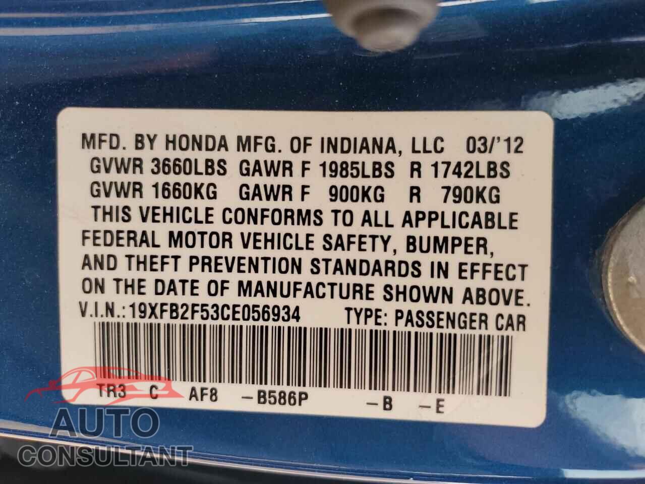 HONDA CIVIC 2012 - 19XFB2F53CE056934
