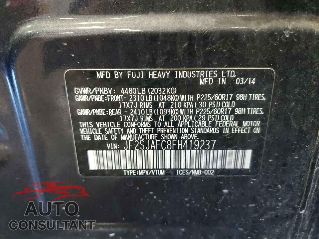 SUBARU FORESTER 2015 - JF2SJAFC8FH419237