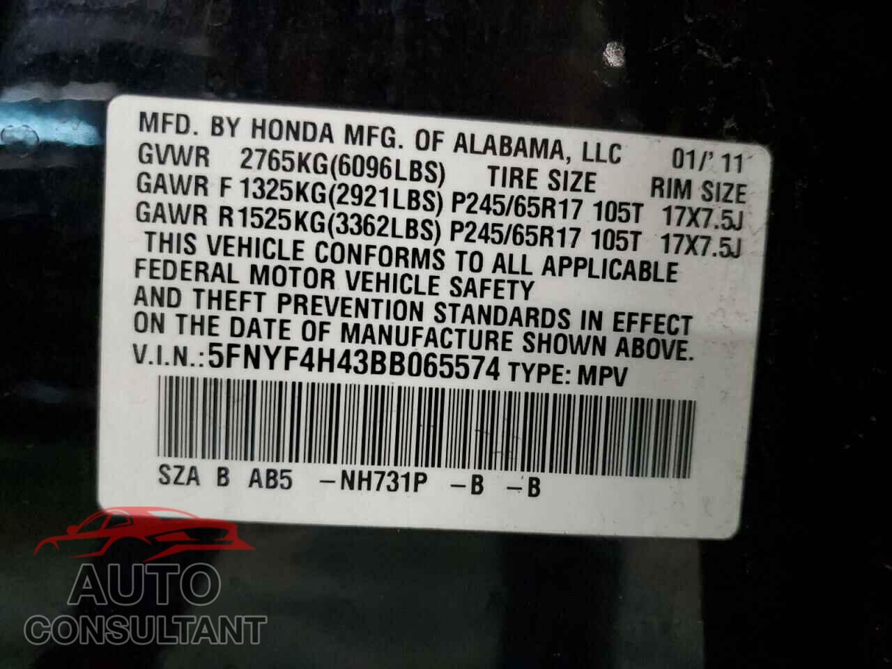 HONDA PILOT 2011 - 5FNYF4H43BB065574