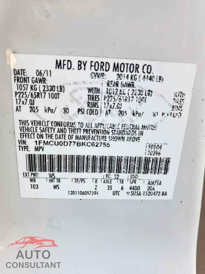 FORD ESCAPE 2011 - 1FMCU0D77BKC62755