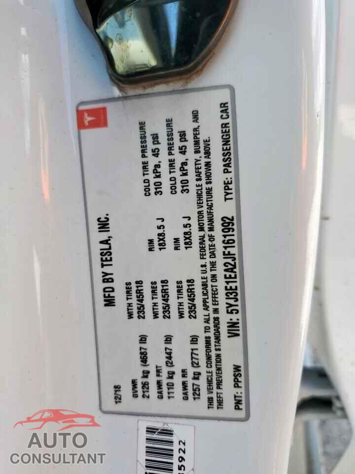 TESLA MODEL 3 2018 - 5YJ3E1EA2JF161992
