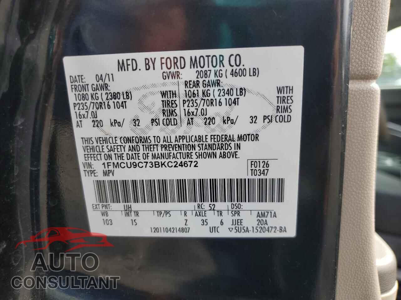 FORD ESCAPE 2011 - 1FMCU9C73BKC24672