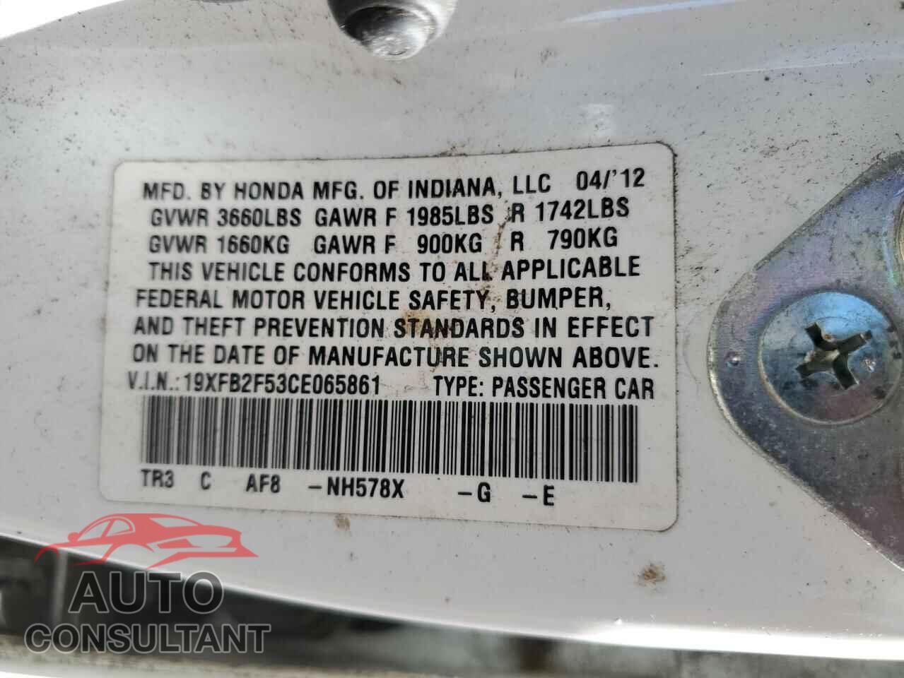 HONDA CIVIC 2012 - 19XFB2F53CE065861