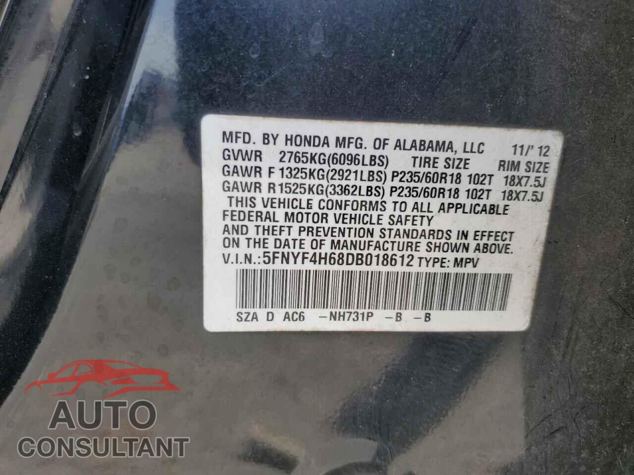 HONDA PILOT 2013 - 5FNYF4H68DB018612