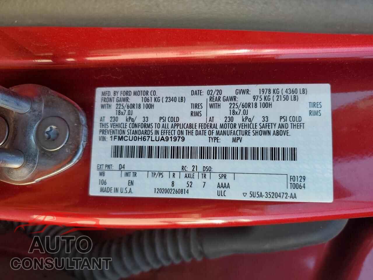 FORD ESCAPE 2020 - 1FMCU0H67LUA91979