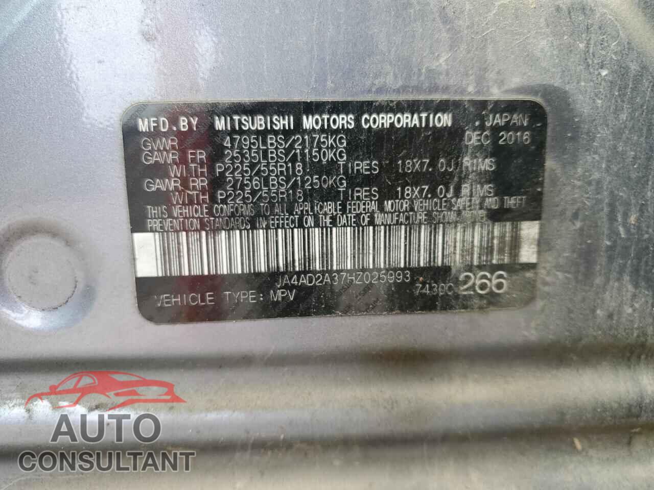 MITSUBISHI OUTLANDER 2017 - JA4AD2A37HZ025993
