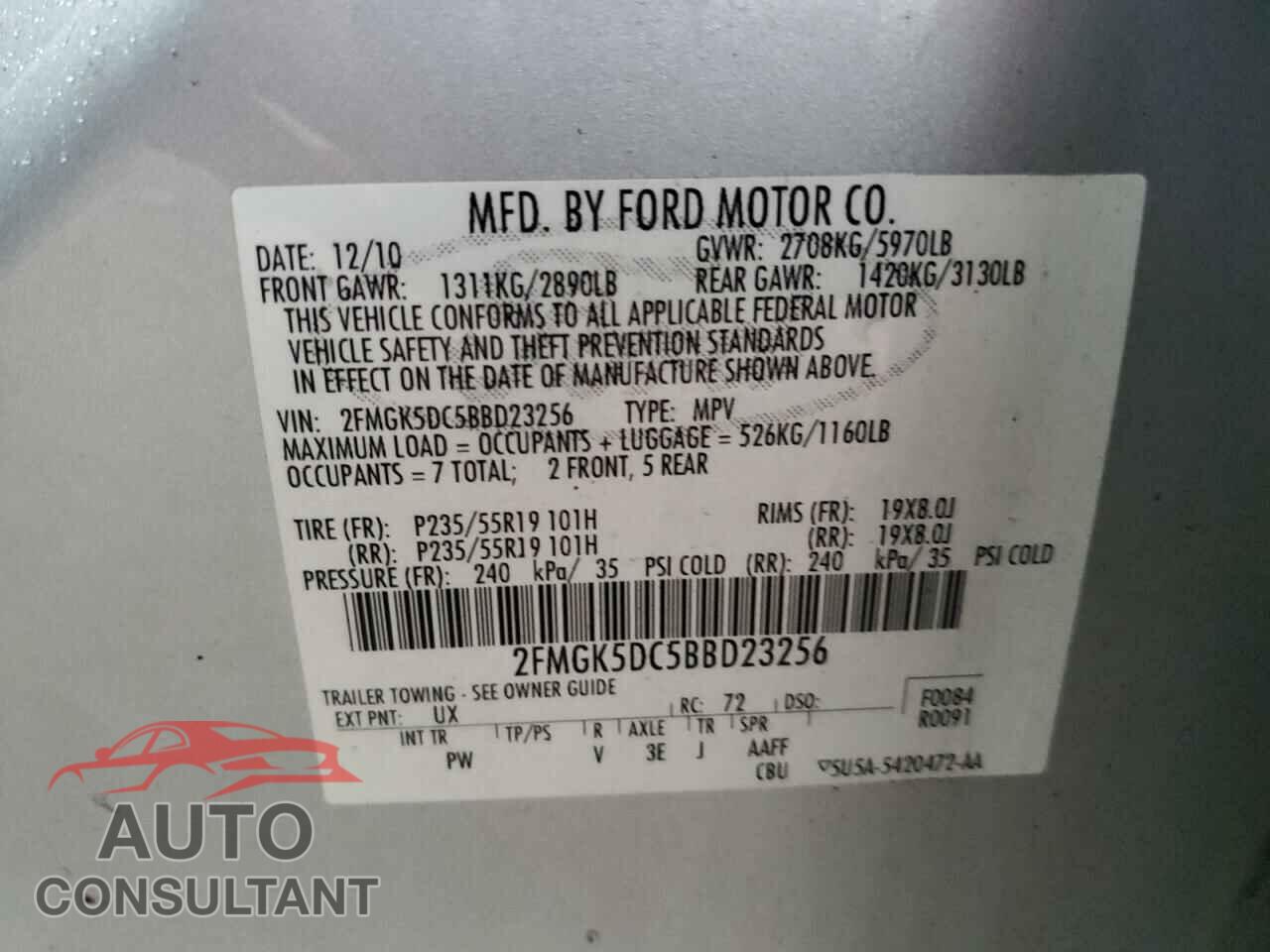 FORD FLEX 2011 - 2FMGK5DC5BBD23256