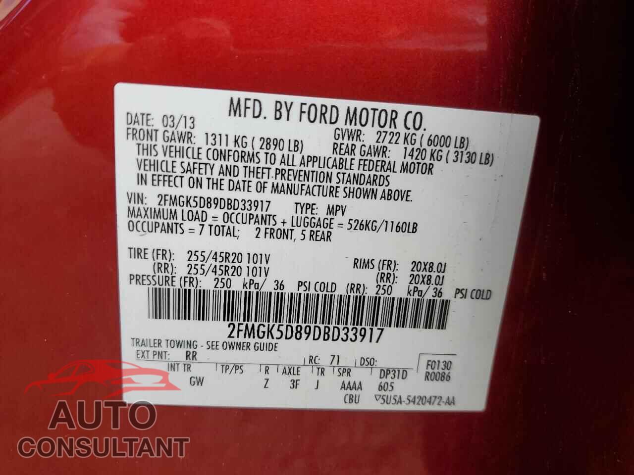 FORD FLEX 2013 - 2FMGK5D89DBD33917