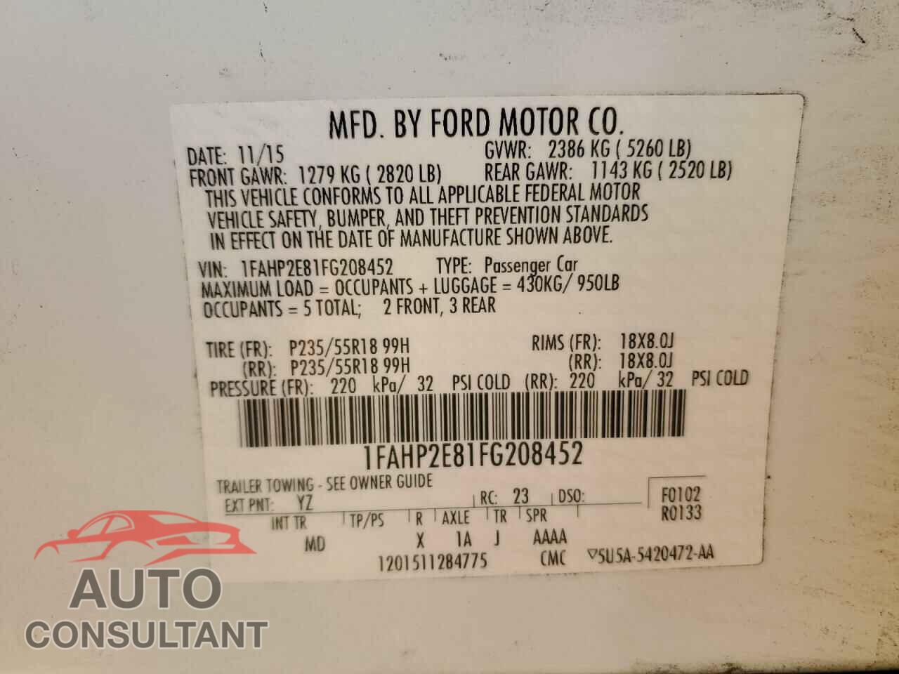 FORD TAURUS 2015 - 1FAHP2E81FG208452