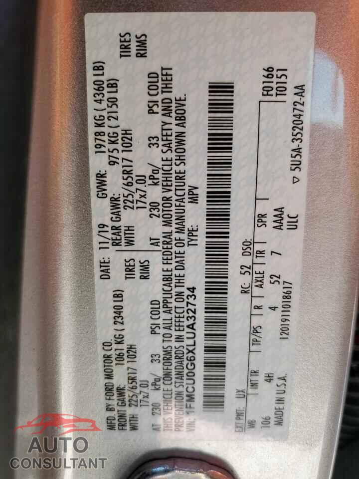 FORD ESCAPE 2020 - 1FMCU0G6XLUA32734