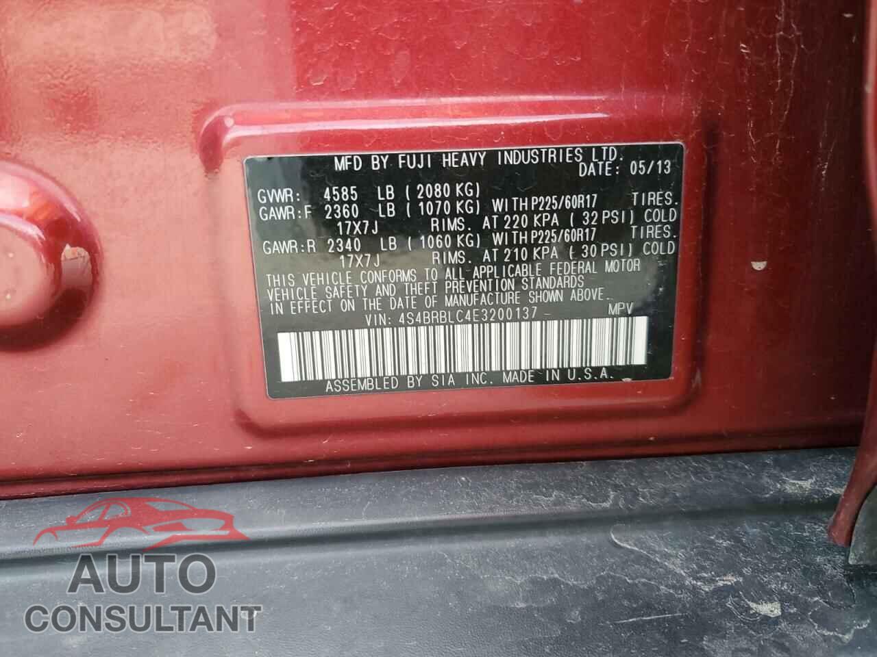 SUBARU OUTBACK 2014 - 4S4BRBLC4E3200137