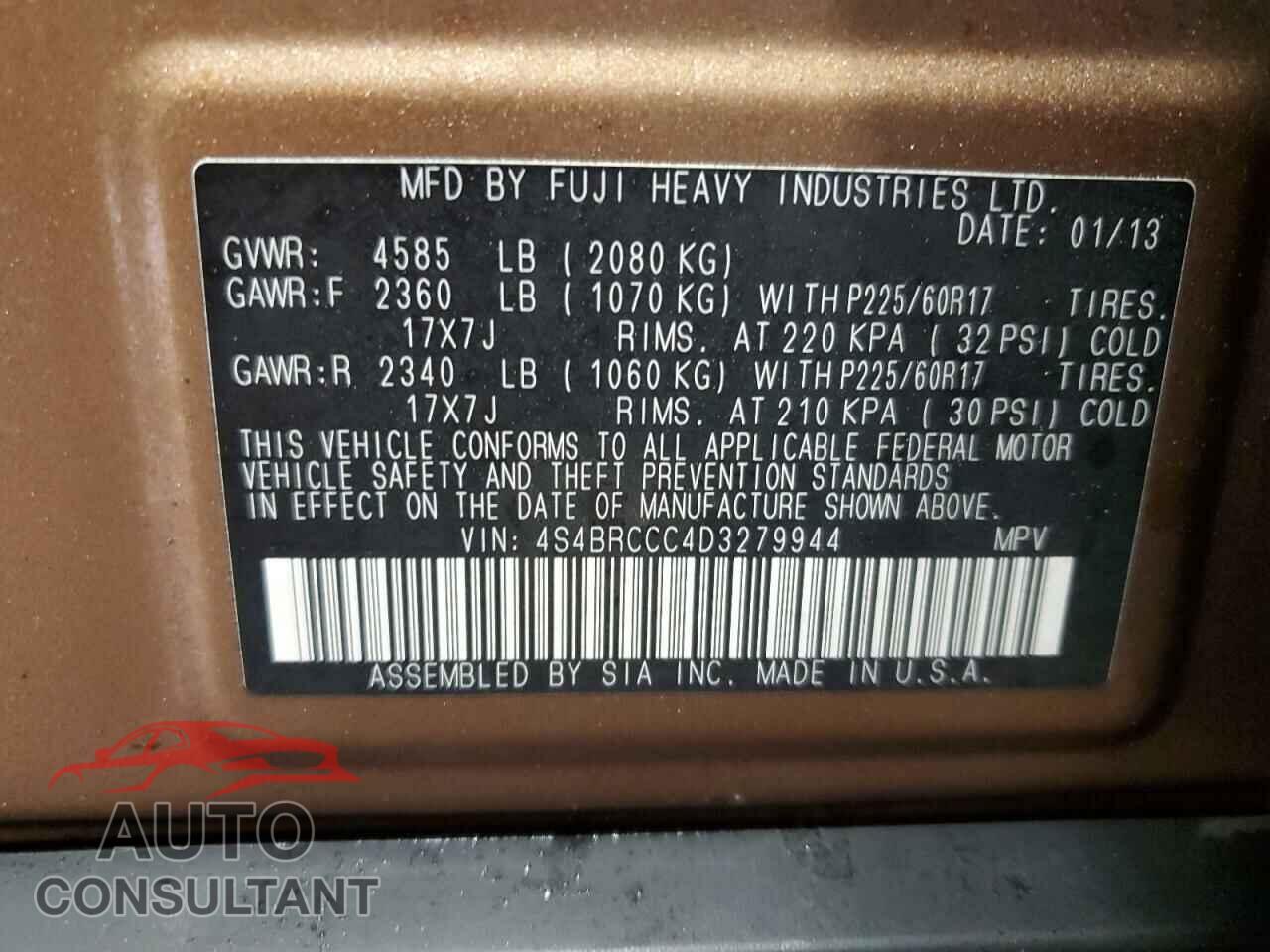 SUBARU OUTBACK 2013 - 4S4BRCCC4D3279944