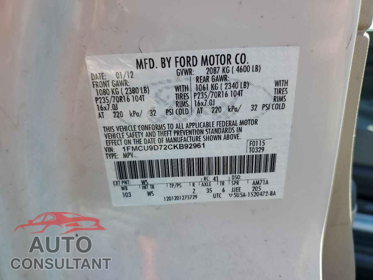 FORD ESCAPE 2012 - 1FMCU9D72CKB92961