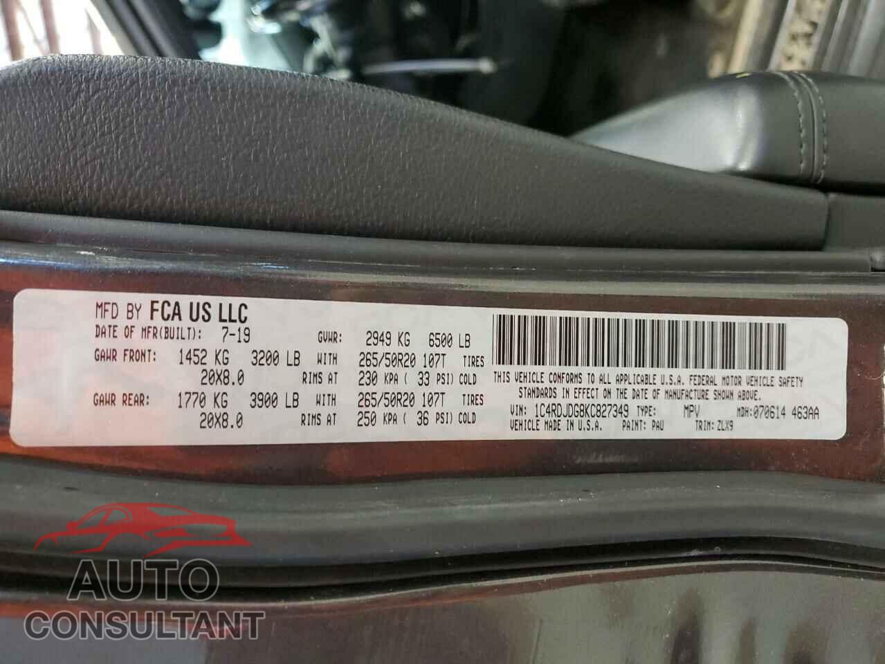 DODGE DURANGO 2019 - 1C4RDJDG8KC827349