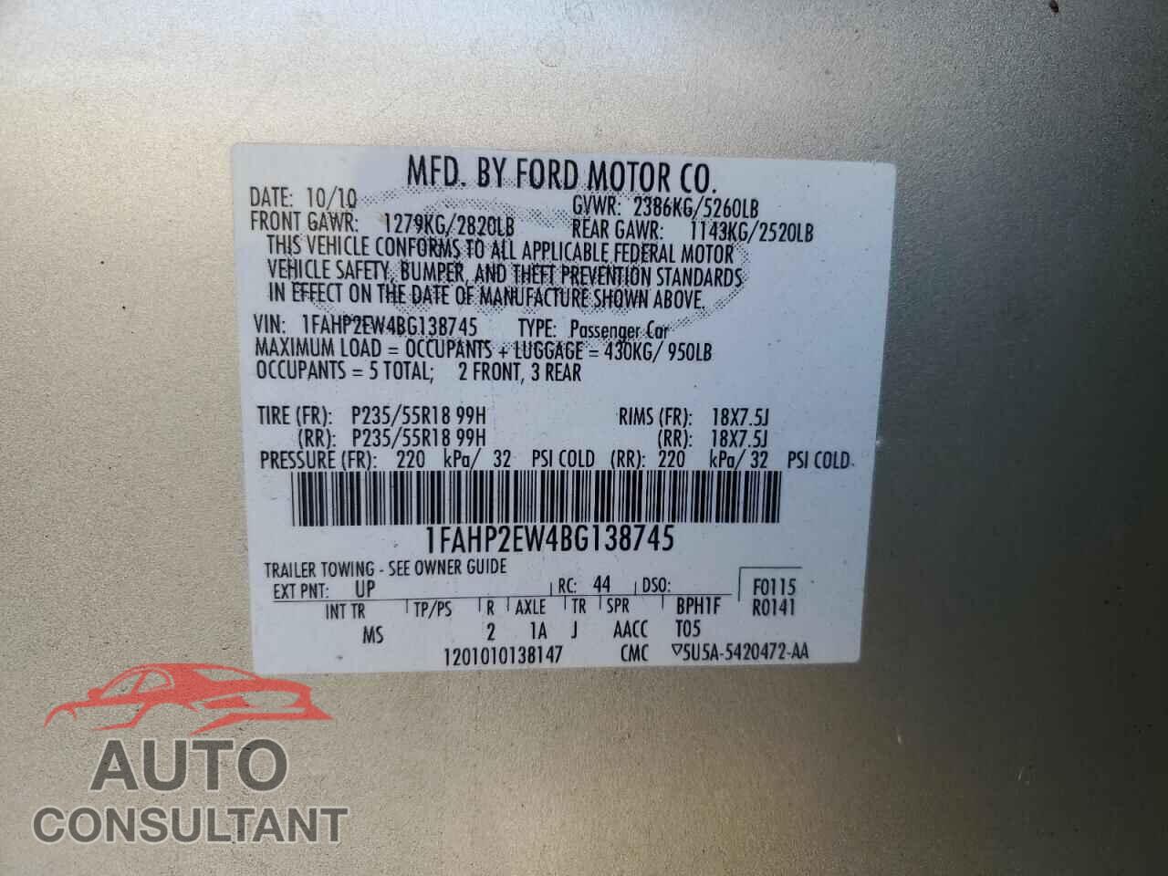 FORD TAURUS 2011 - 1FAHP2EW4BG138745