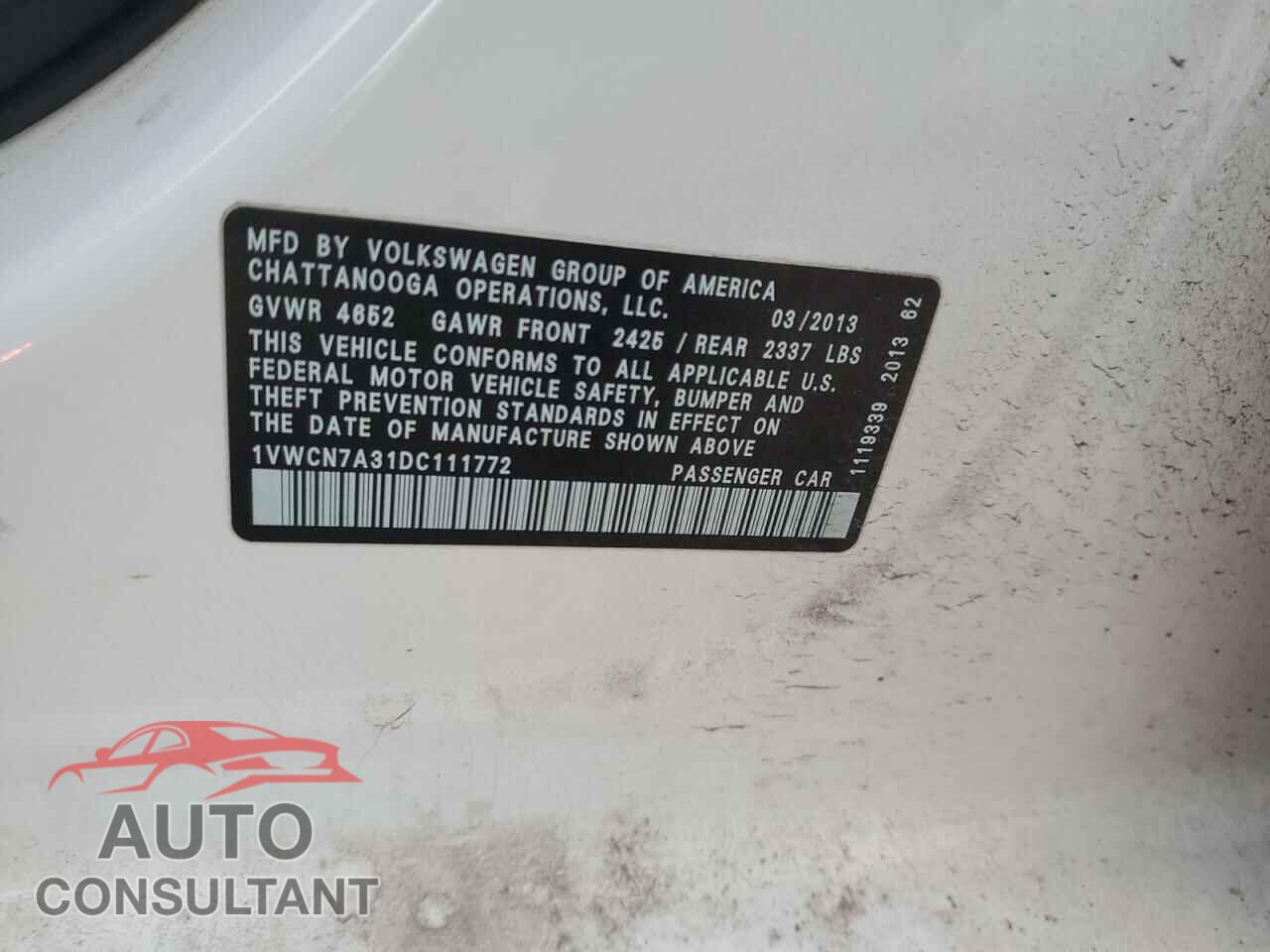 VOLKSWAGEN PASSAT 2013 - 1VWCN7A31DC111772
