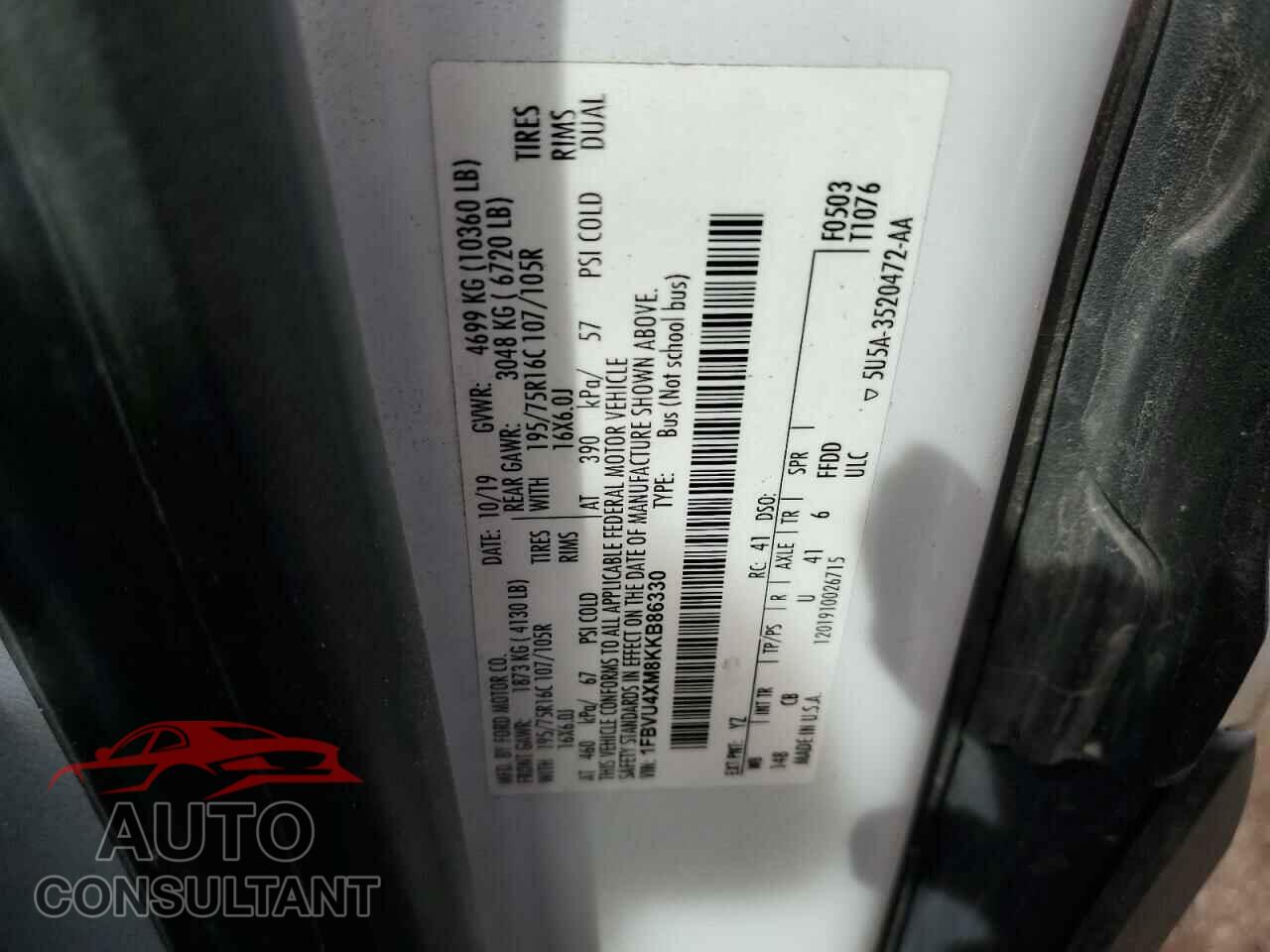 FORD TRANSIT 2019 - 1FBVU4XM8KKB86330