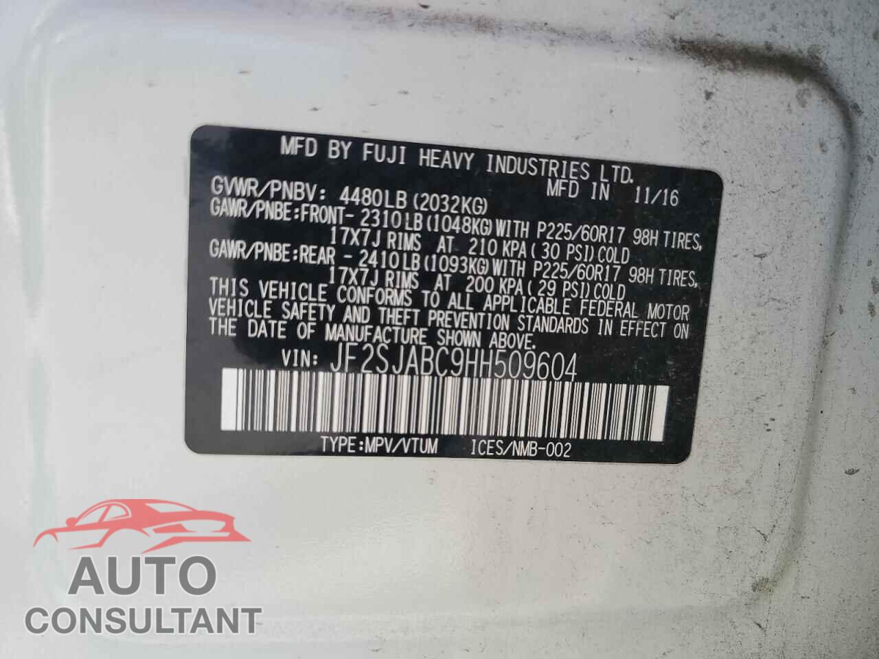 SUBARU FORESTER 2017 - JF2SJABC9HH509604