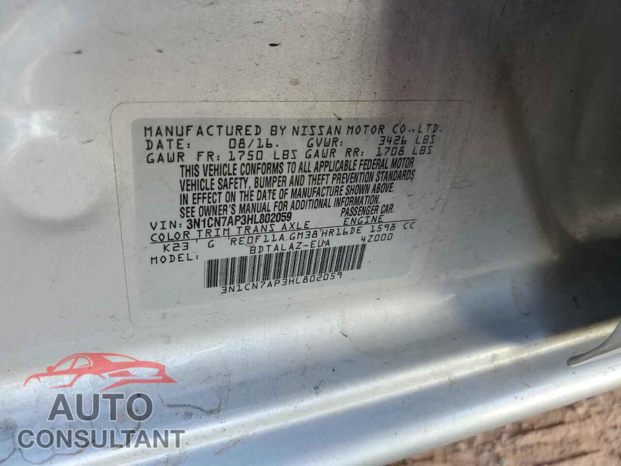 NISSAN VERSA 2017 - 3N1CN7AP3HL802059