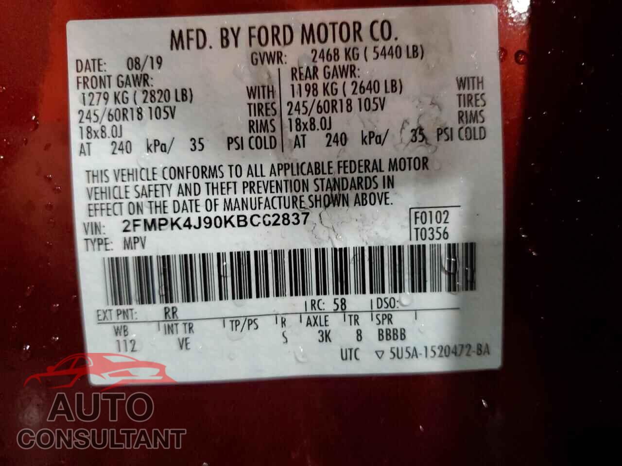 FORD EDGE 2019 - 2FMPK4J90KBC62837