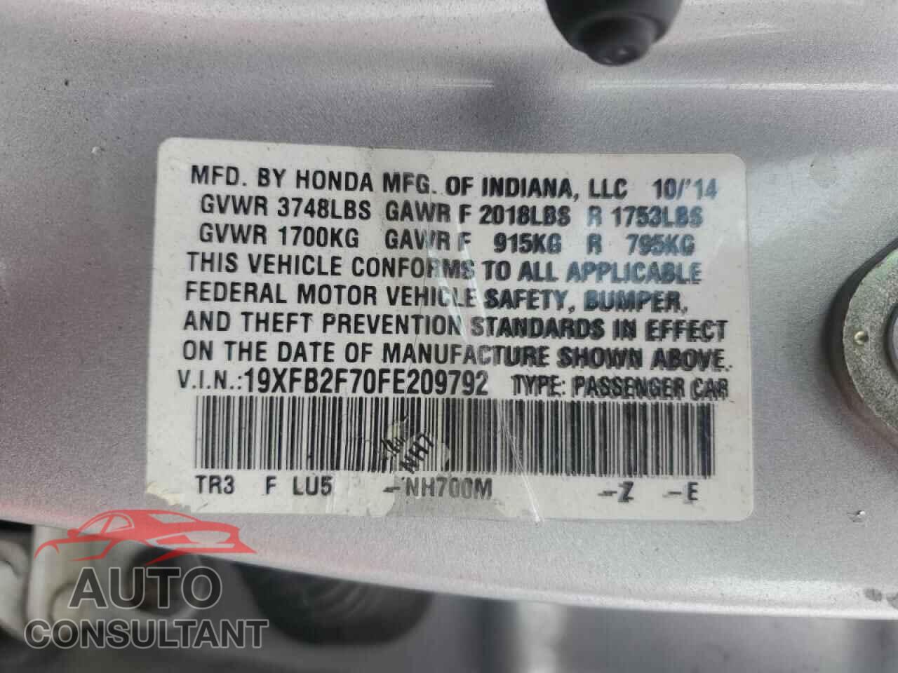 HONDA CIVIC 2015 - 19XFB2F70FE209792
