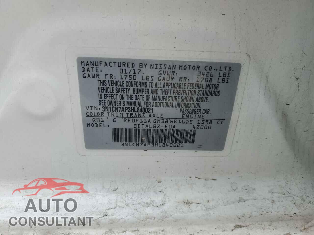 NISSAN VERSA 2017 - 3N1CN7AP3HL840021