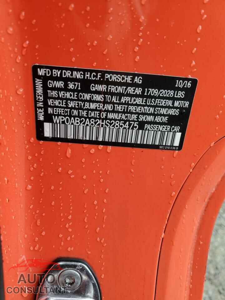 PORSCHE CAYMAN 2017 - WP0AB2A82HS285475