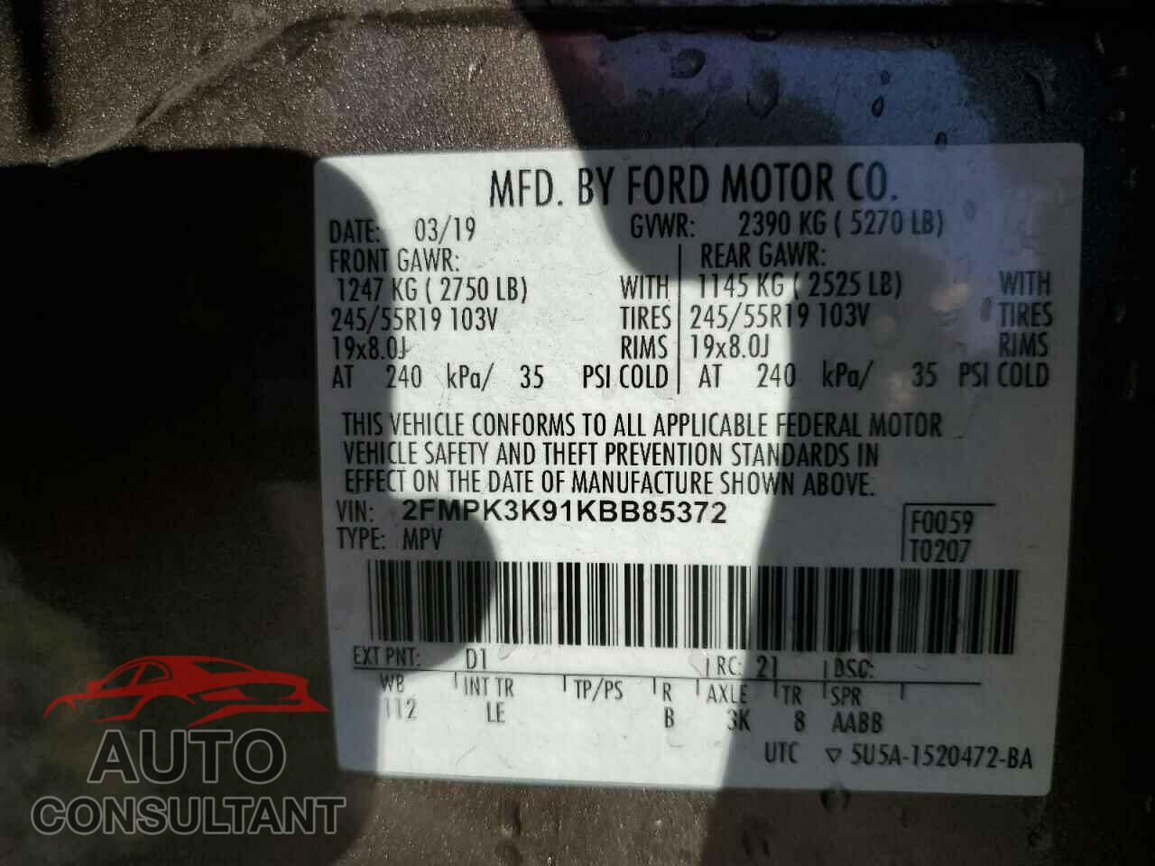 FORD EDGE 2019 - 2FMPK3K91KBB85372