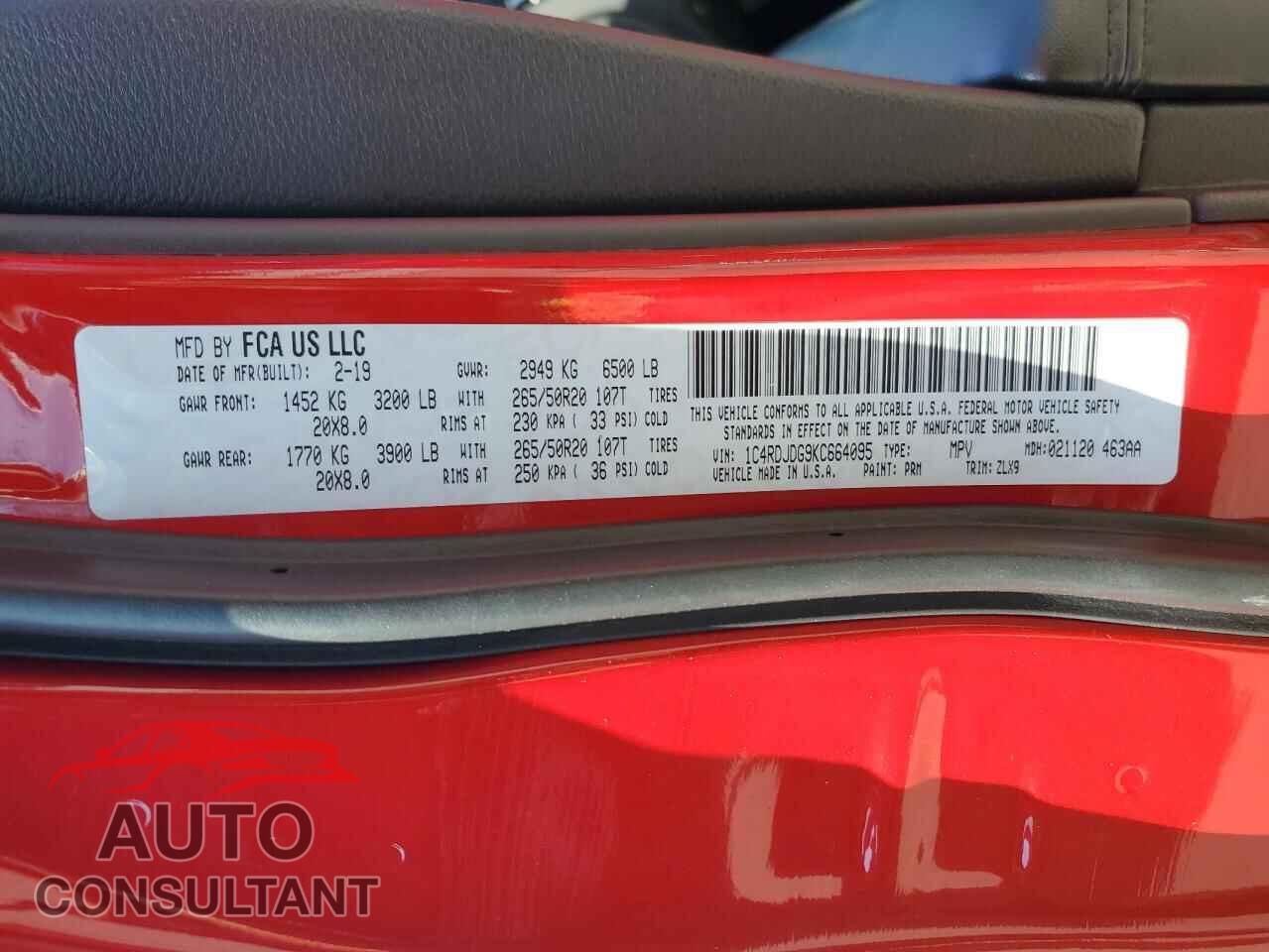 DODGE DURANGO 2019 - 1C4RDJDG9KC664095