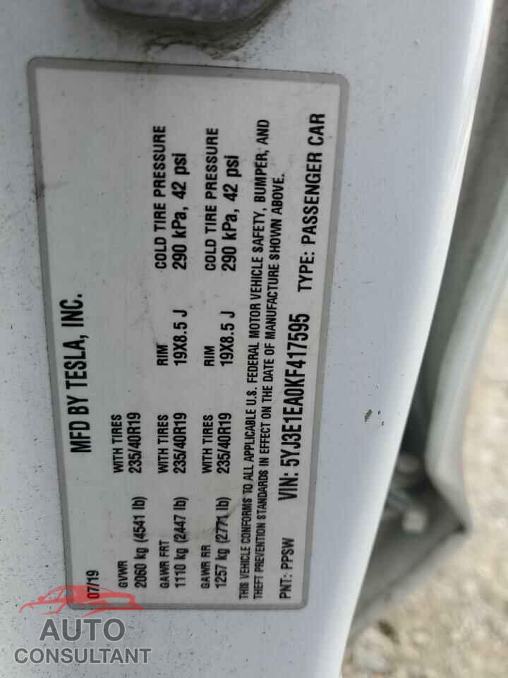 TESLA MODEL 3 2019 - 5YJ3E1EA0KF417595