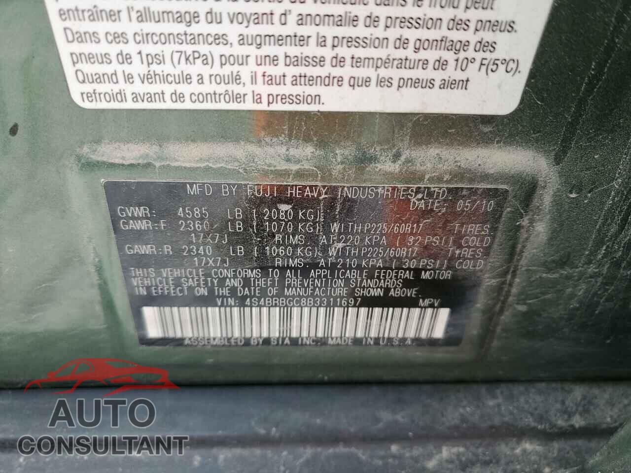 SUBARU OUTBACK 2011 - 4S4BRBGC8B3311697